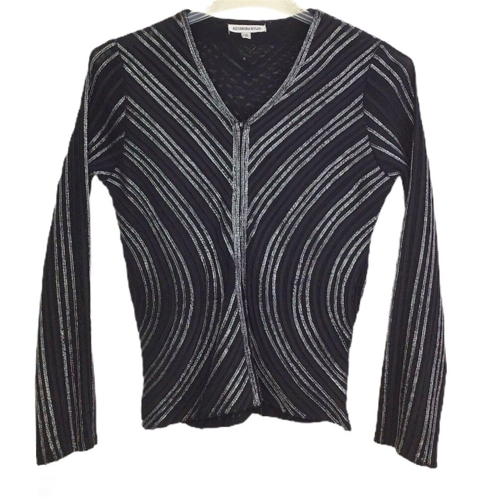 Alexandra Rosati Womens 10 Blouse Zip Front Black Silver Long Sleeve VNeck y2k